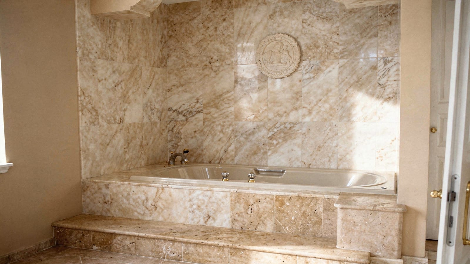 Eingelassene Badewanne in einer Nische aus cremefarbenem Travertin, ruhiges Licht