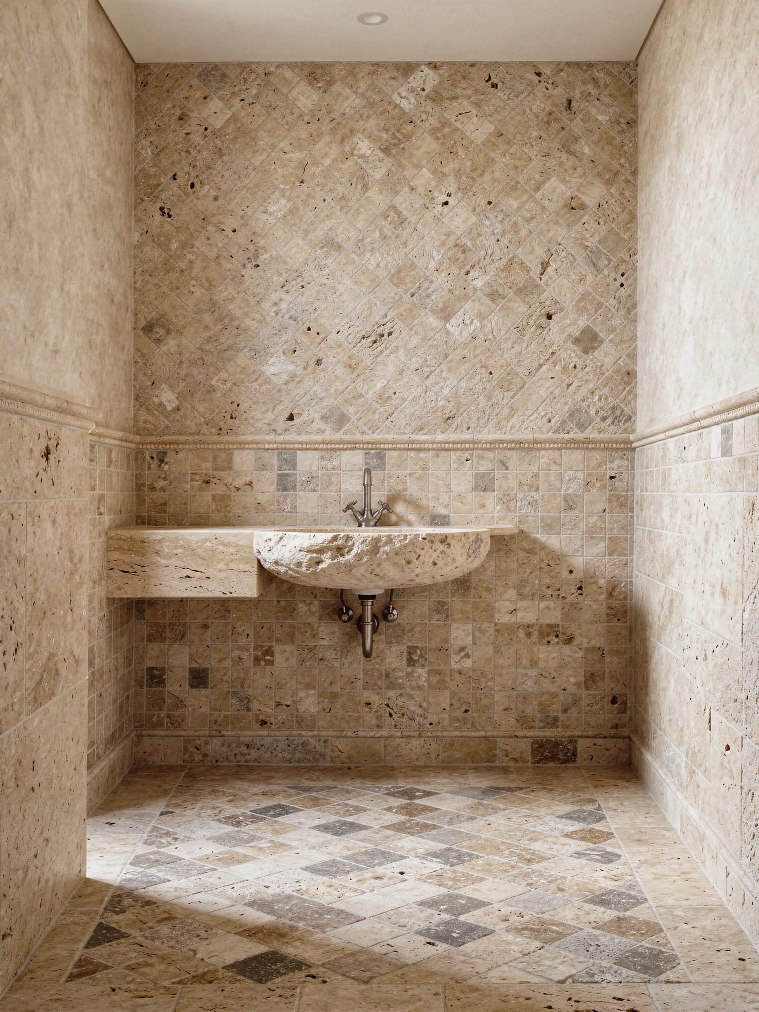 Bad in warmem Travertin: Boden im Rautenverband, Wand mit diagonal gesetztem Travertinmosaik, Naturstein-Waschbecken