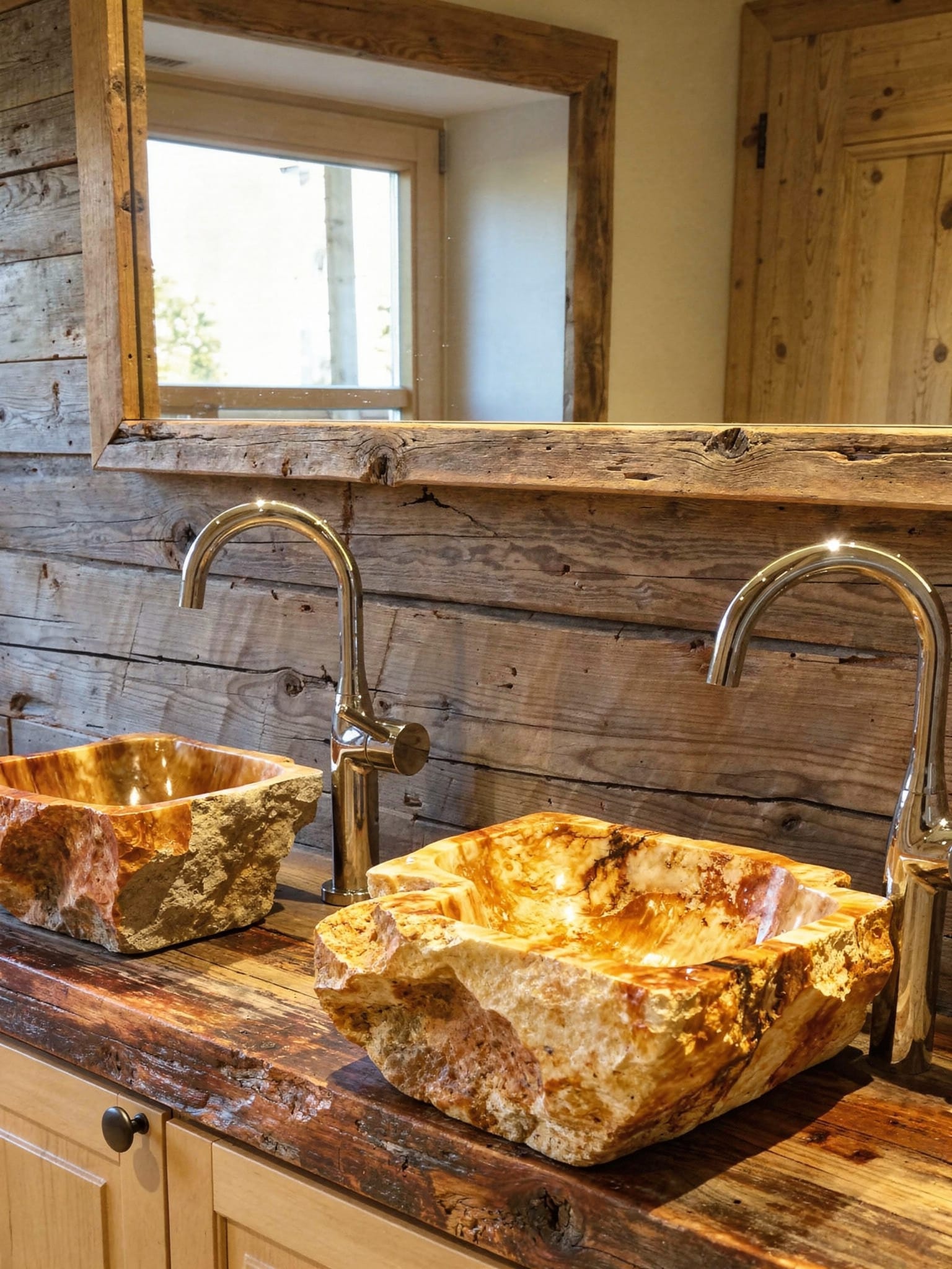 Zwei massive Aufsatzwaschbecken aus versteinertem Holz auf einer Altholzkonsole vor Altholzwand