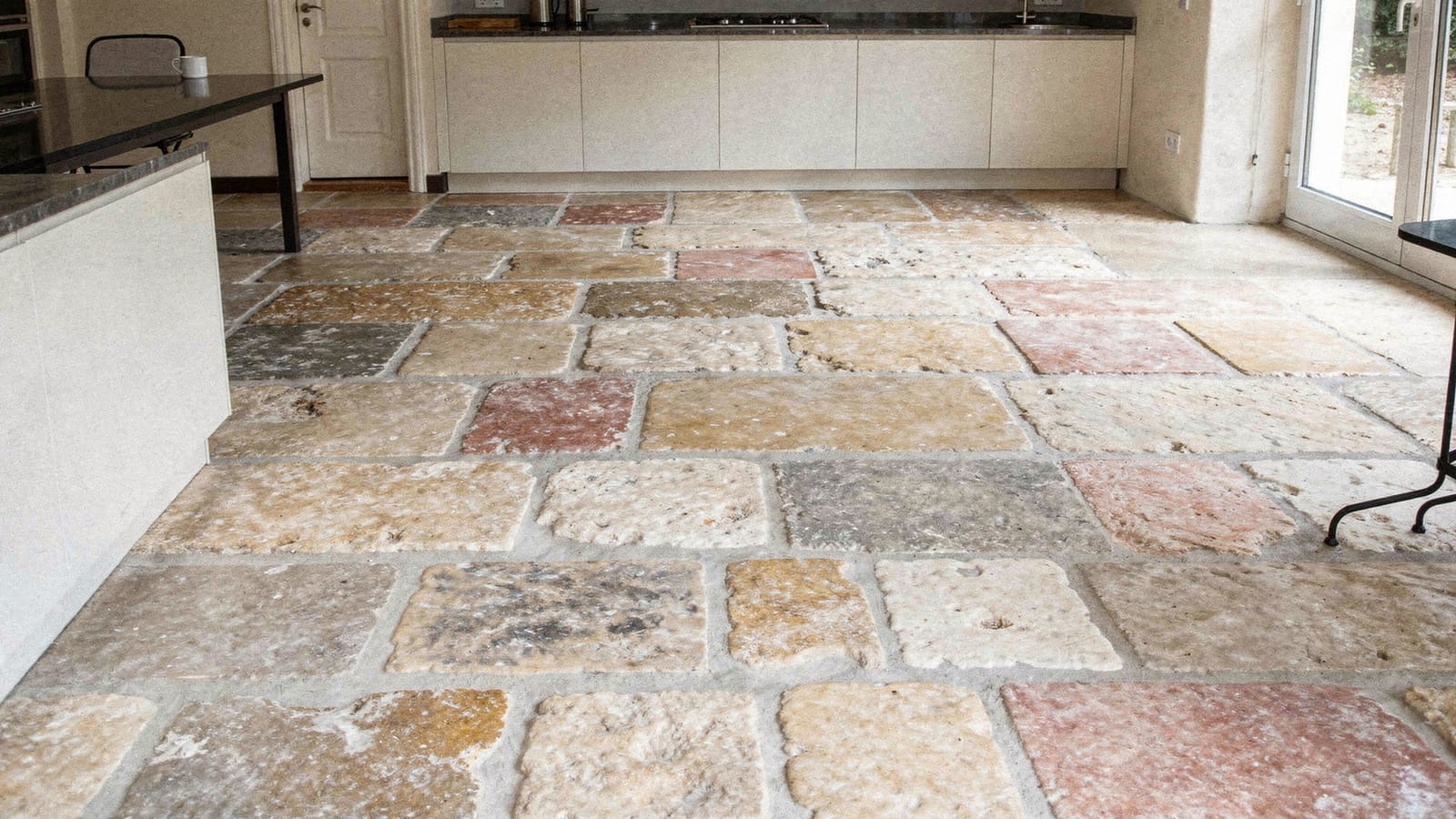 Antiker Kalkstein-Bodenbelag aus reklamierten Platten im Opus-Romano-Verband, beige, rosa und grau changierend, in einer offenen Küche