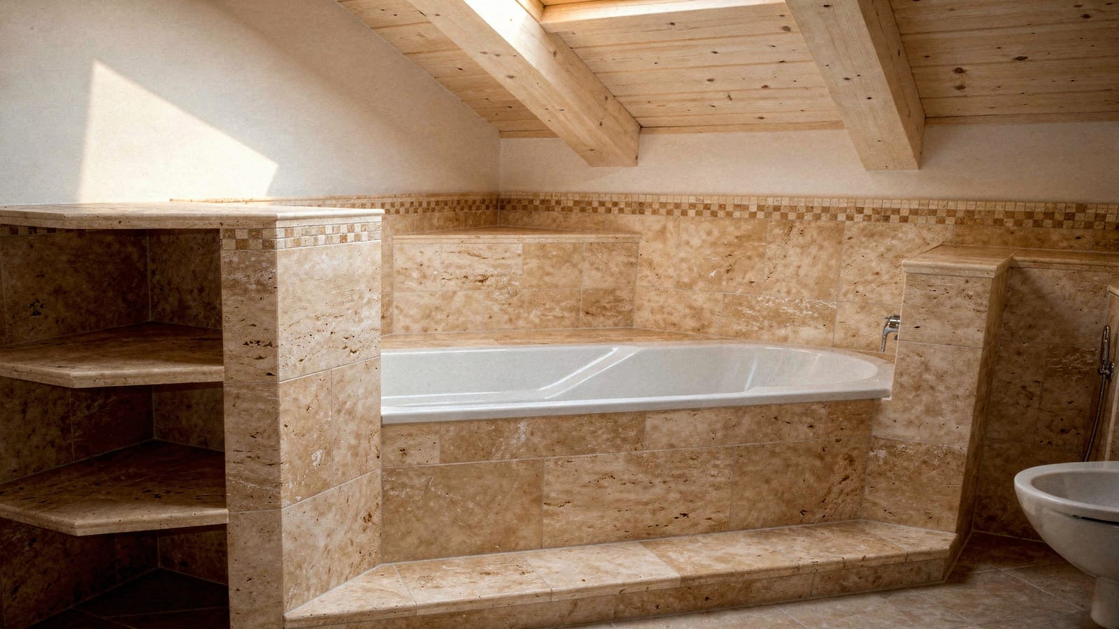 Bad unter Dachschräge mit beigen Travertinfliesen, feiner Mosaikbordüre und sichtbarem Holzdachstuhl