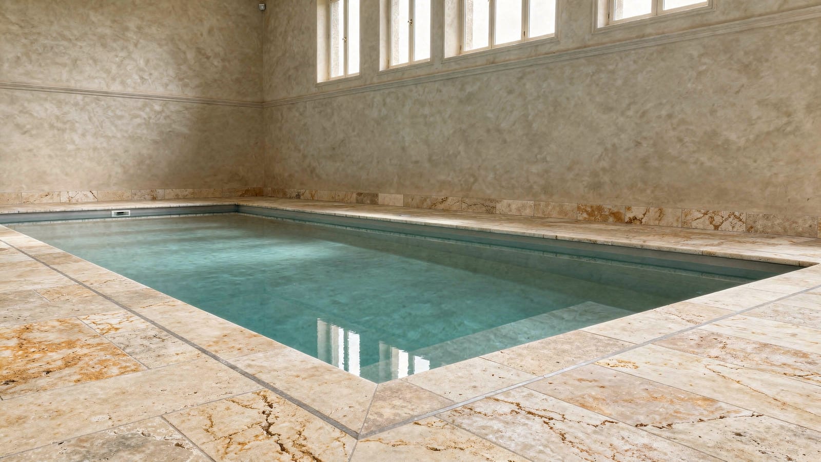 Innenpool mit Travertin-Beckenrand und Natursteindeck vor Fensterfront