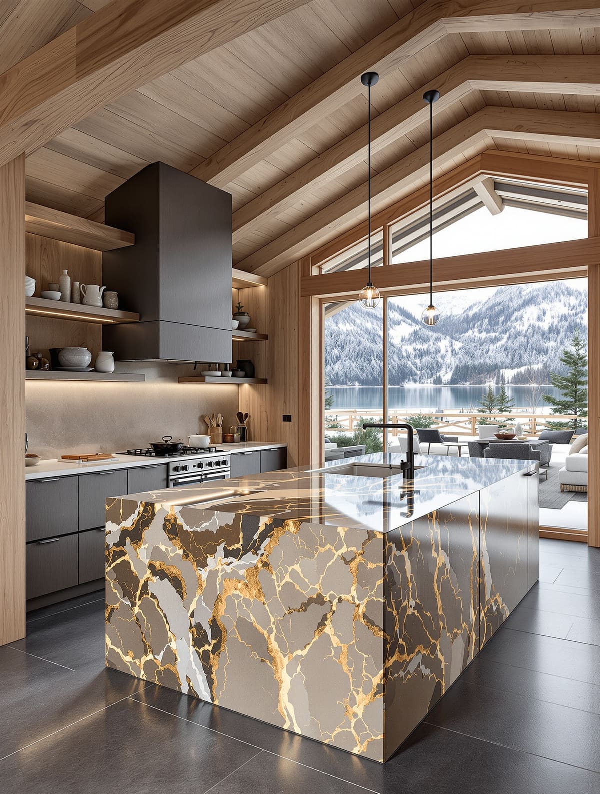 Chaletküche mit dunklem Großformatboden in Schieferoptik und Holzfronten