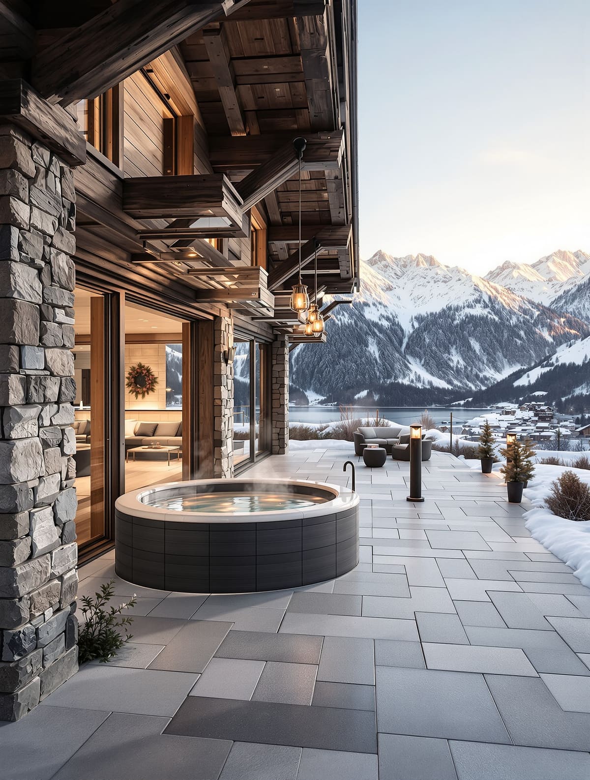 Panoramaterrasse mit Outdoor-Keramik in Schieferoptik und Alpenblick