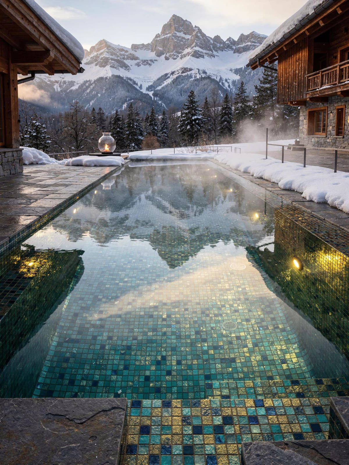 Innenpool mit Mosaikauskleidung und Fensterfront zum See