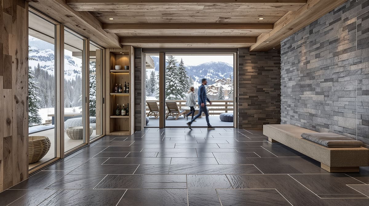 Ski-Eingang mit spaltrauem Schieferboden, Holzbänken und Skiständer