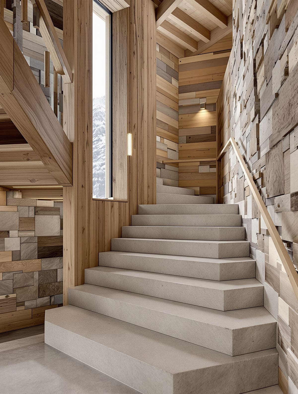 Treppenhaus mit massiven Quarzitstufen und Holzgeländer
