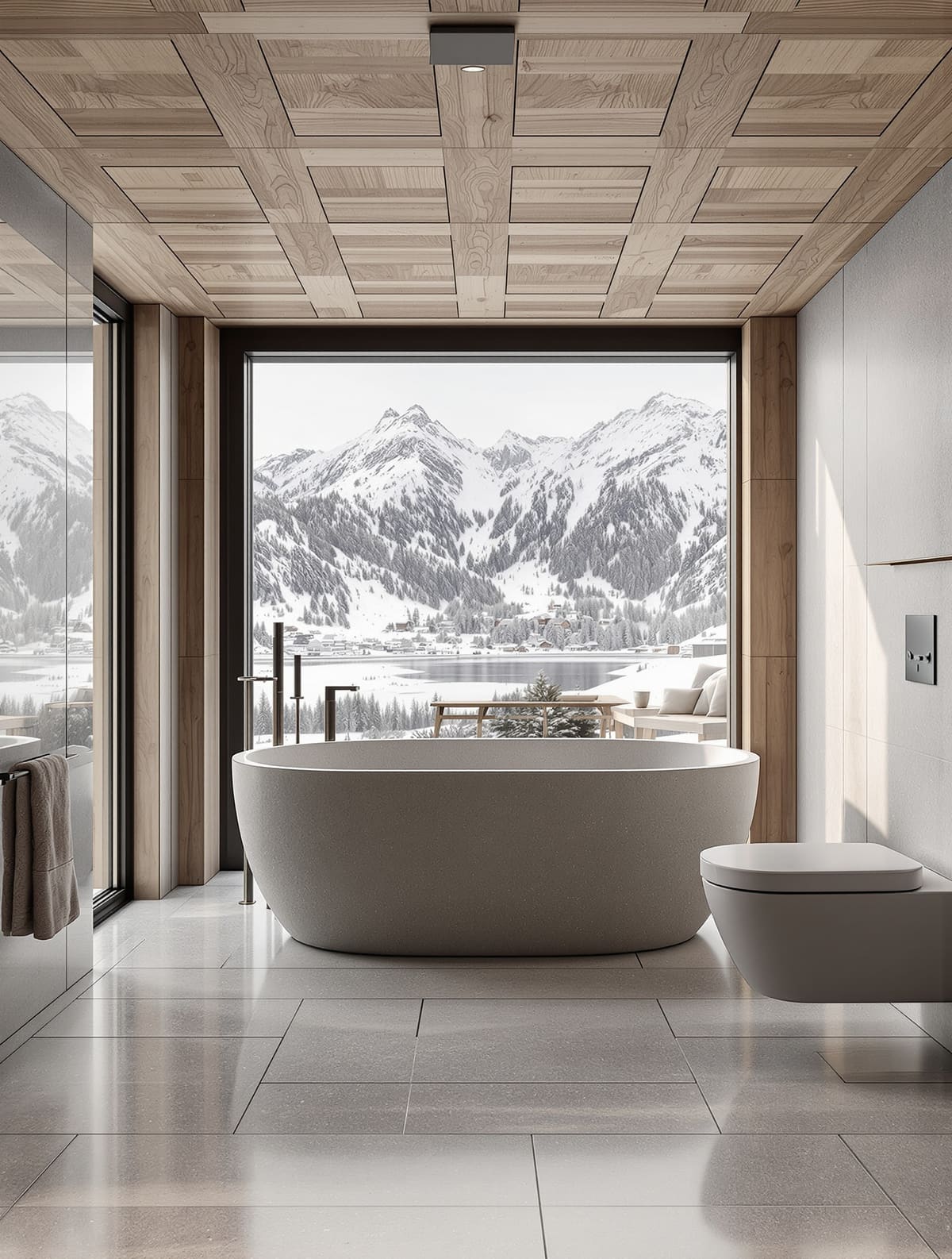 Wellnessbad mit Quarzit, freistehender Wanne und Bergblick