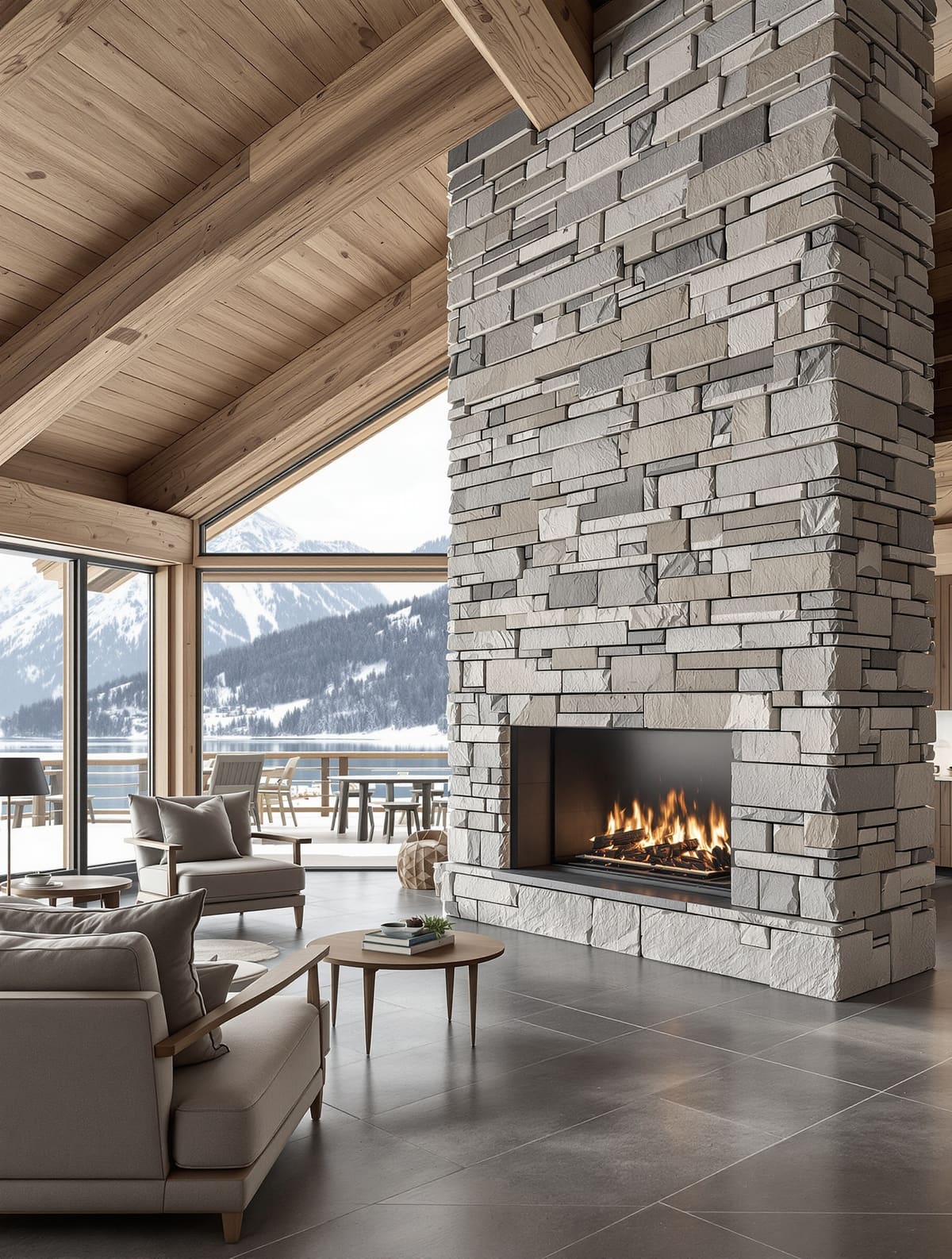 Chalet-Wohnraum mit Kamin, Quarzitboden Taj Mahal und Holzdecke