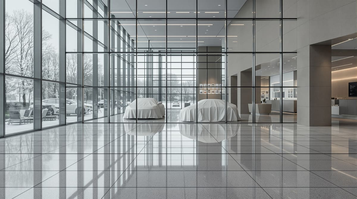 Weiter Showroom mit poliertem Großformat 120×120 im Fassadenraster, Fahrzeuge spiegeln sich im Boden
