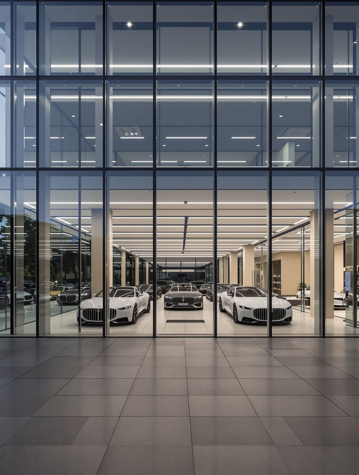 Vorfahrt eines Autohauses mit strukturiertem Outdoor-Feinsteinzeug im gleichen Raster wie der Showroom