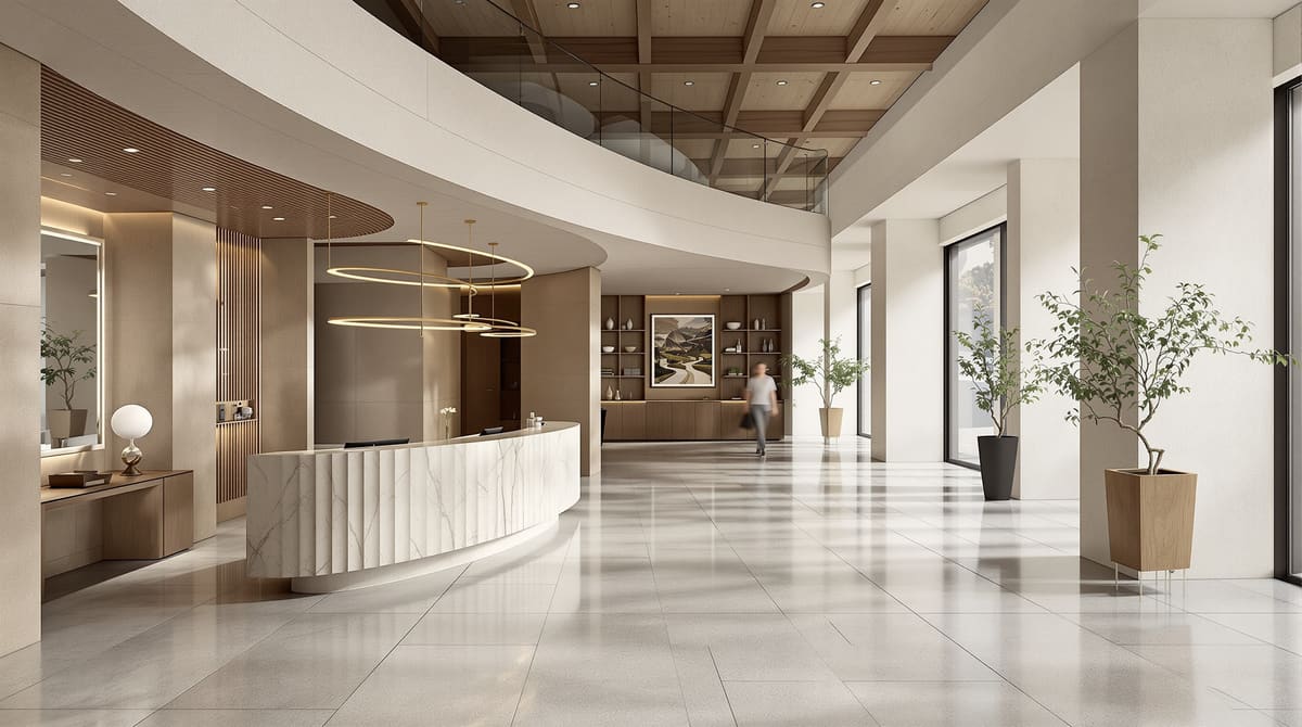 Hotellobby mit Travertinboden im römischen Verband, Rezeptionstresen aus Naturstein
