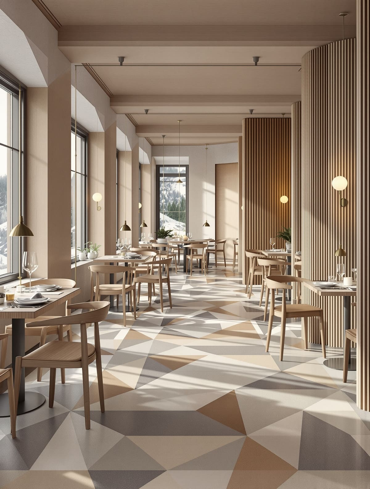 Hotelrestaurant mit Zementfliesenteppich in der Raummitte und keramisch verkleideter Wand
