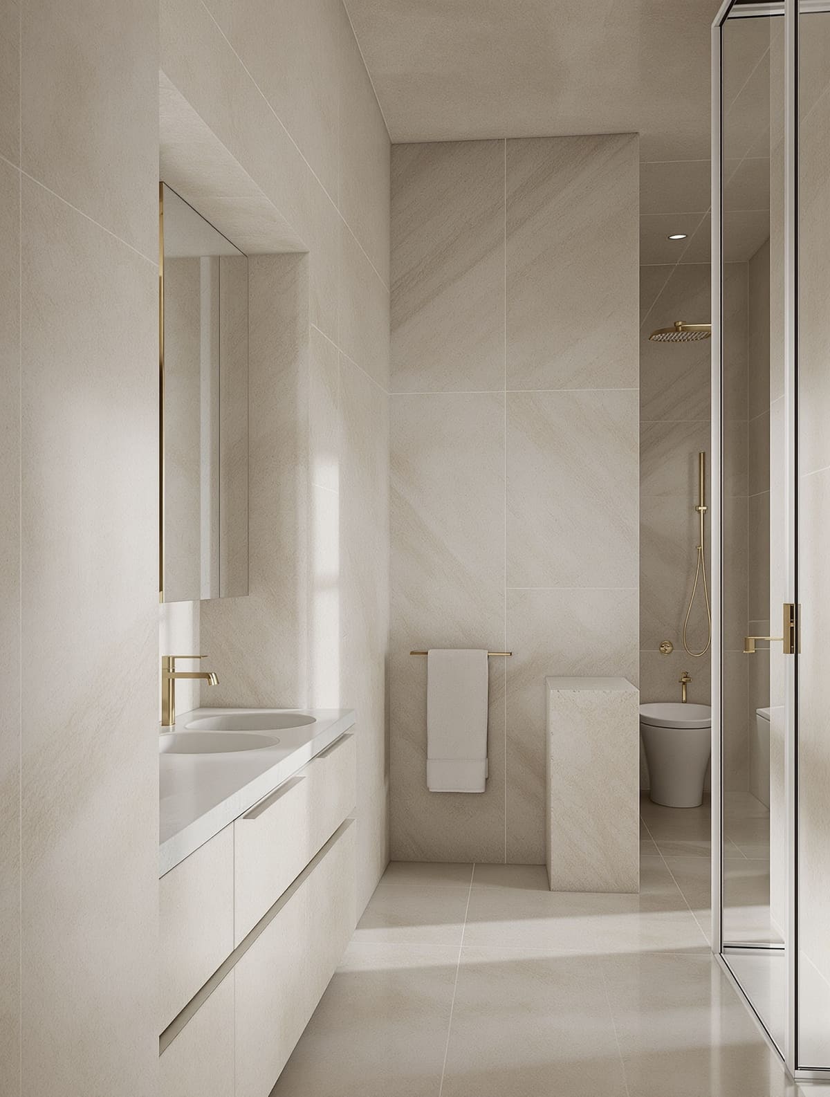Hotelbad mit großformatigen Steinplatten, bodengleicher Dusche und Glaswaschbecken auf Natursteinkonsole