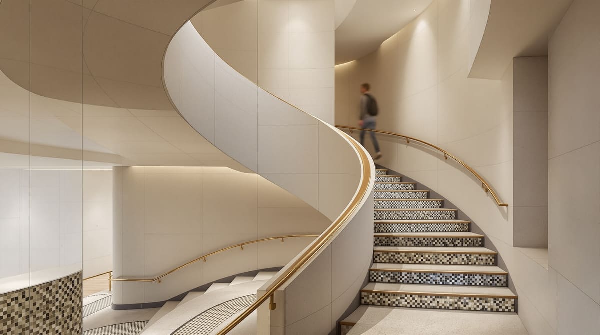 Gewendelte Treppe mit hellen Natursteinstufen, Glasmosaik in den Setzstufen und Messinghandlauf