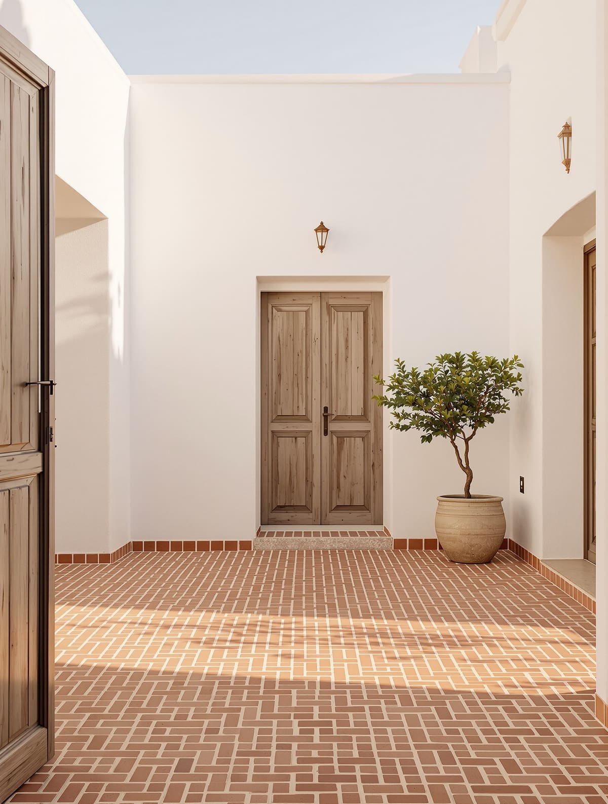 Eingangsbereich einer Finca mit diagonal verlegtem Cottoboden und weiß gekalkten Wänden