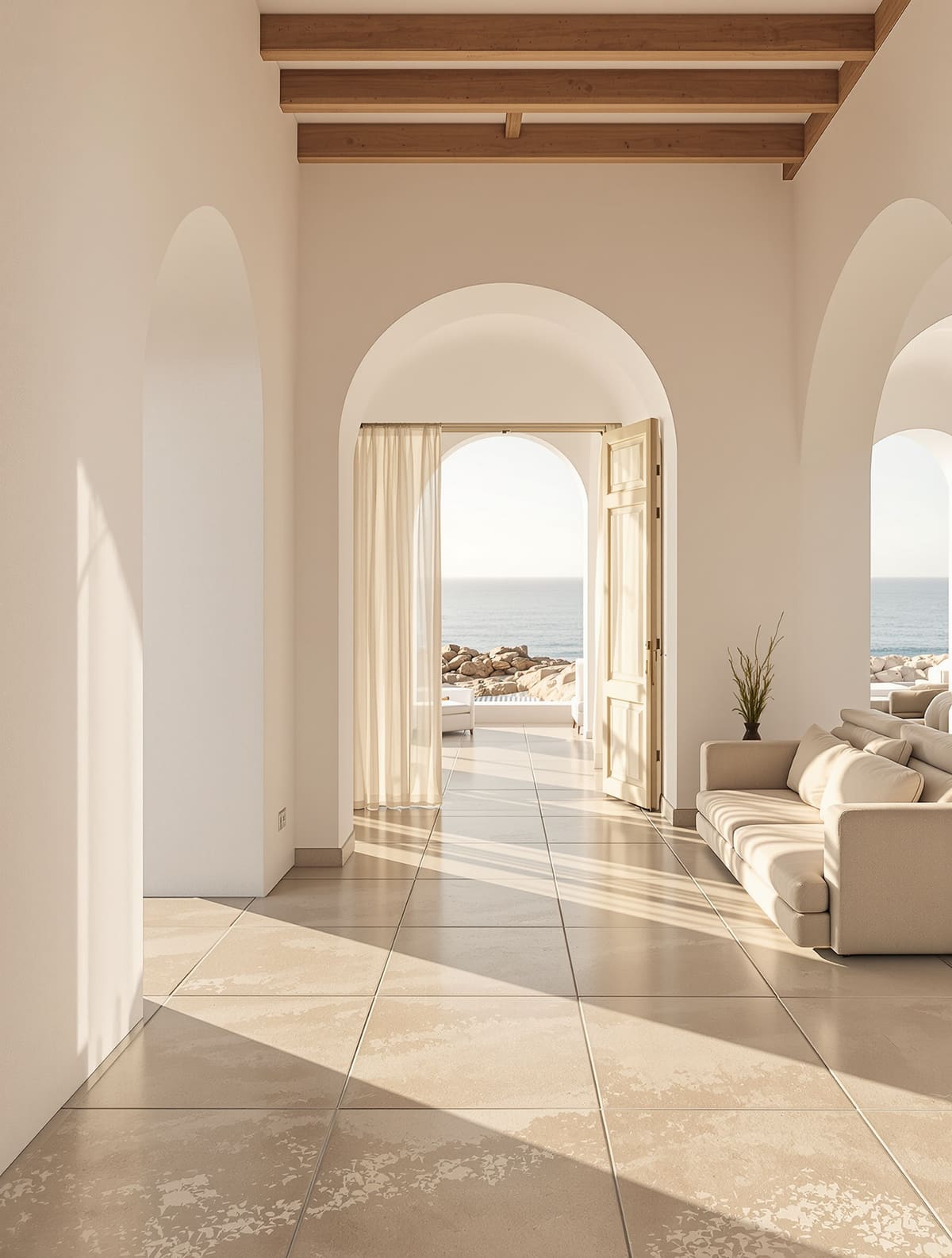 Offener Wohnbereich mit Cottoboden und eingelegtem Zementfliesen-Teppich, Blick zum Meer