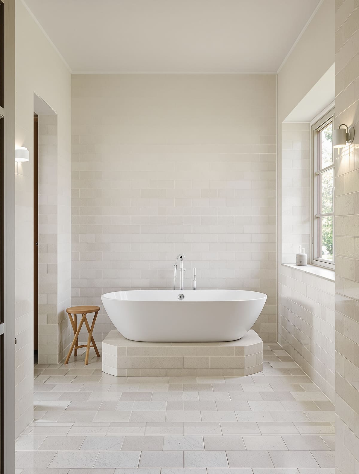 Landhaus-Bad mit Natursteinboden, freistehender Wanne und Mosaik in der bodengleichen Dusche