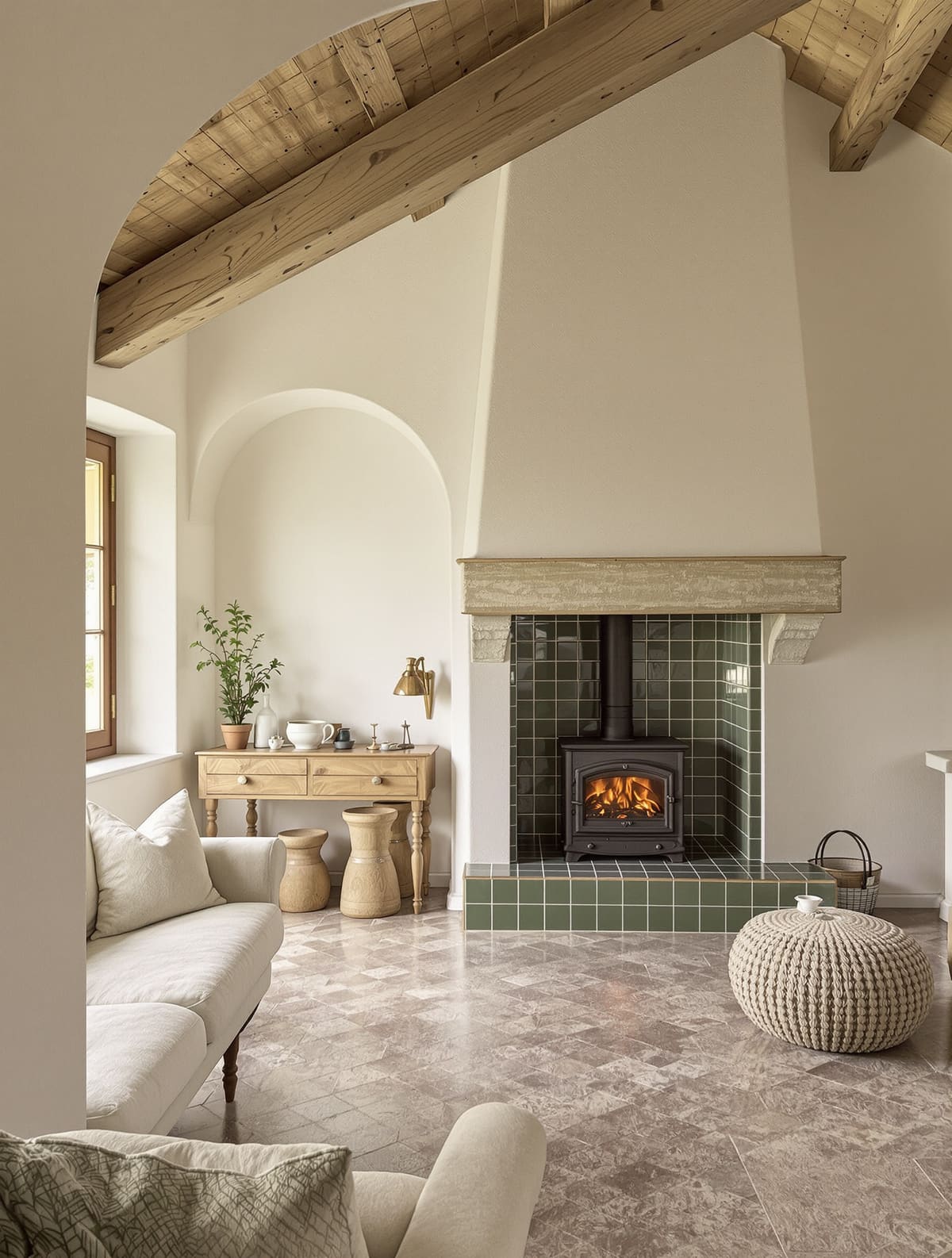 Wohnzimmer eines Landhauses mit grünem Kachelofen, Solnhofner Bodenplatten und Sitzbank am Fenster
