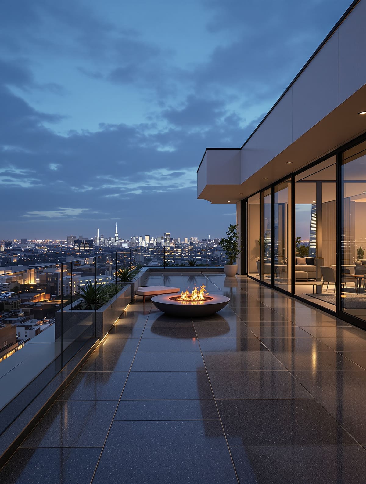 Dachterrasse mit Terrassenplatten auf Stelzlagern, schwellenloser Übergang zum Wohnraum, Blick über die Stadt