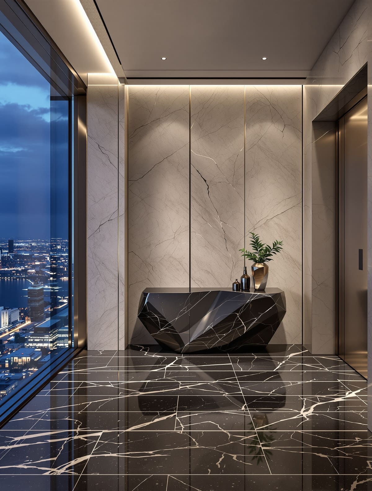 Private Lift-Lobby eines Penthouses mit geschliffenem Natursteinboden und indirekter Beleuchtung
