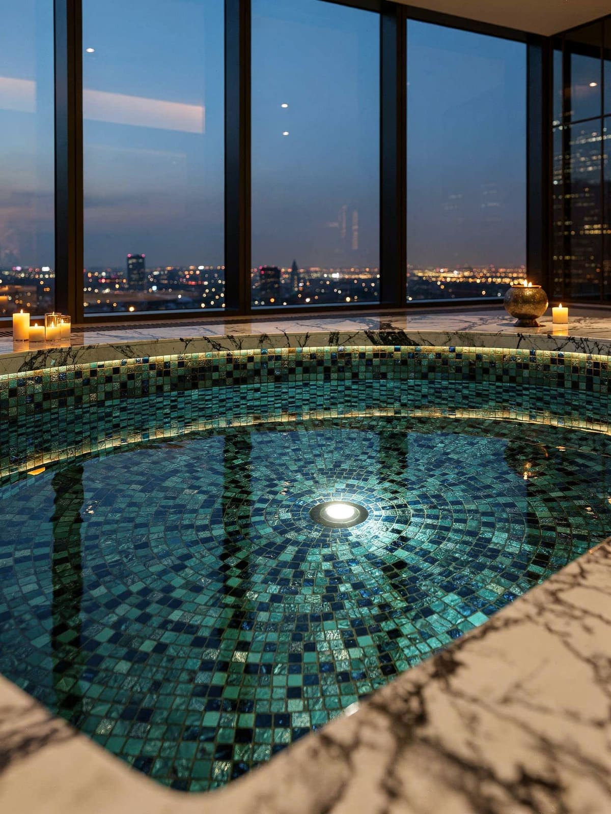 Private Spa im Penthouse mit Mosaik im Beckenbereich und dunkler Natursteinwand
