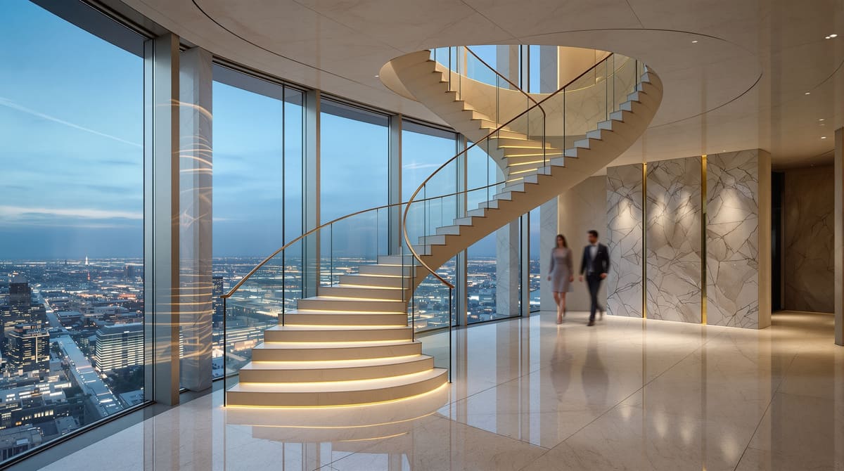 Skulpturale Natursteintreppe in einem Penthouse, Stufen auf Maß gefertigt