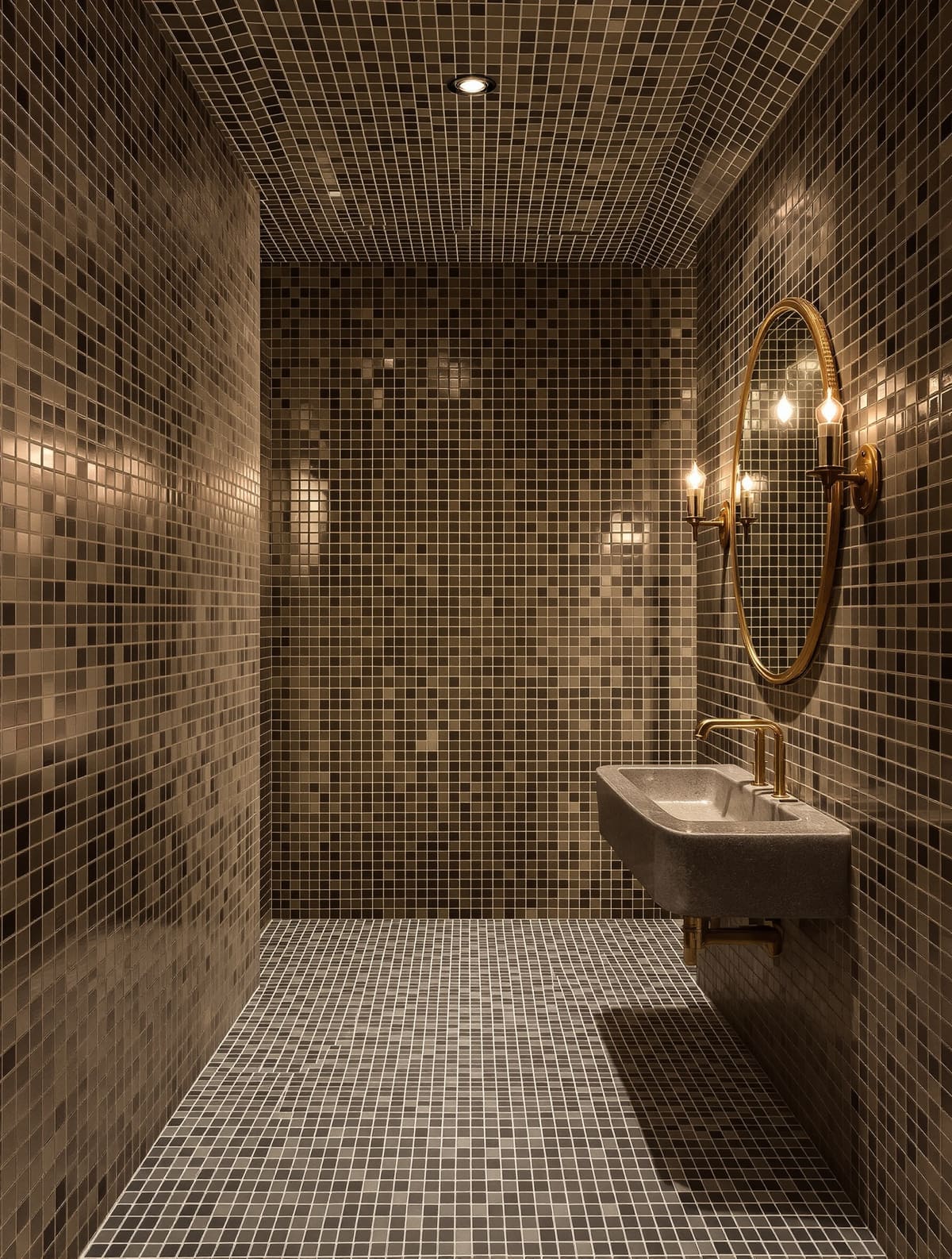 Gäste-WC mit Mosaikwand und Glaswaschbecken auf Natursteinplatte