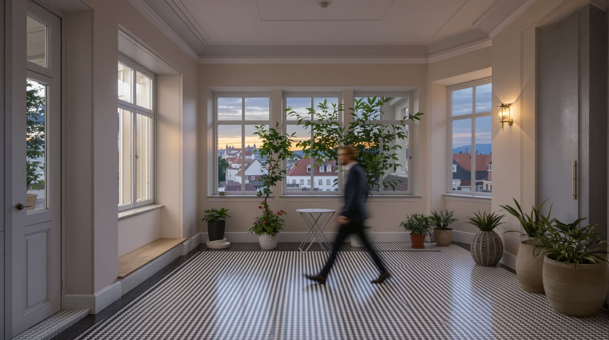 Loggia eines Altbaus mit frostsicheren Feinsteinplatten auf Stelzlager, Blick über Münchner Dächer