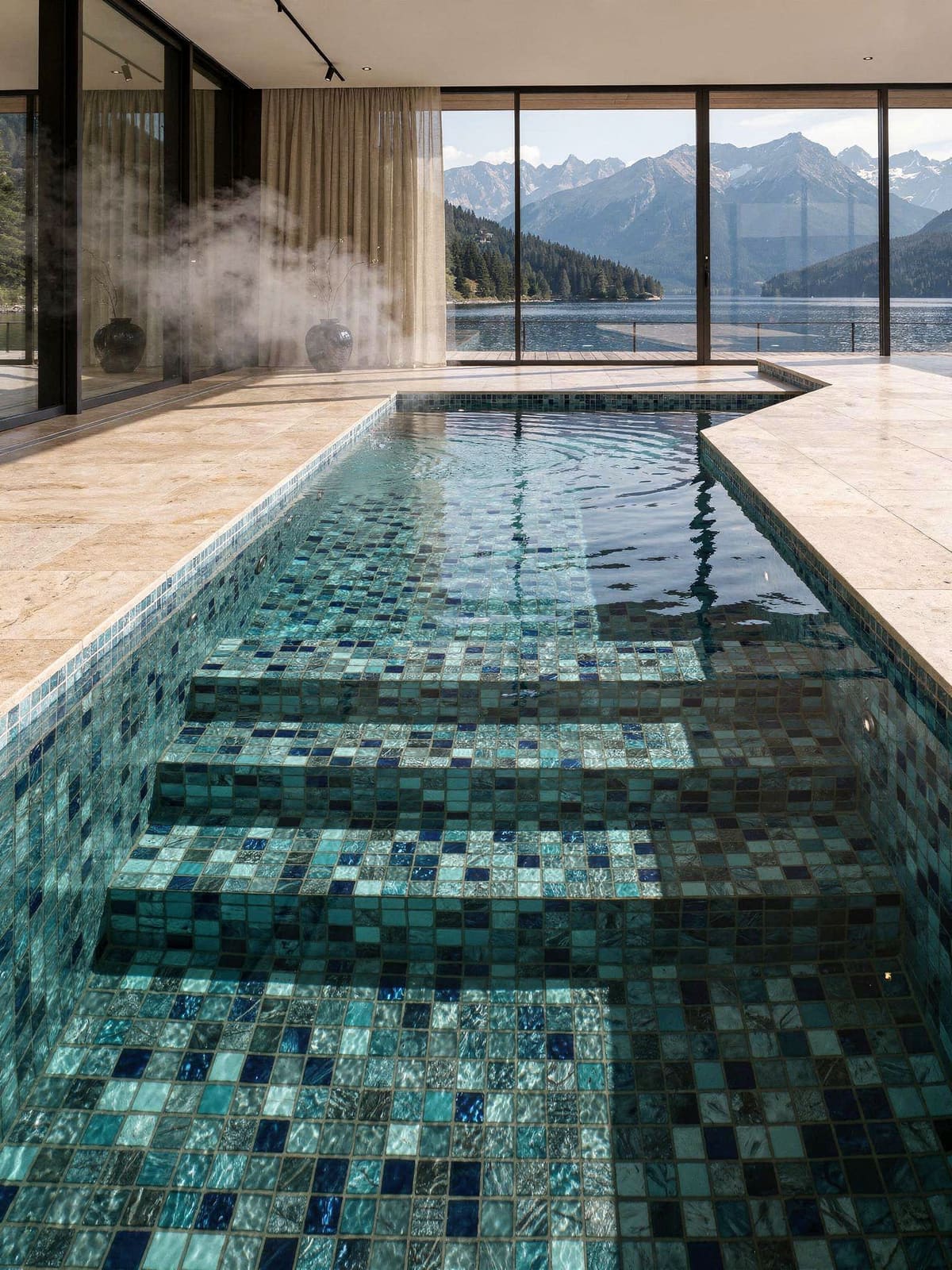 Pool mit Kalkstein-Umrandung und Mosaik im Becken, dahinter der See