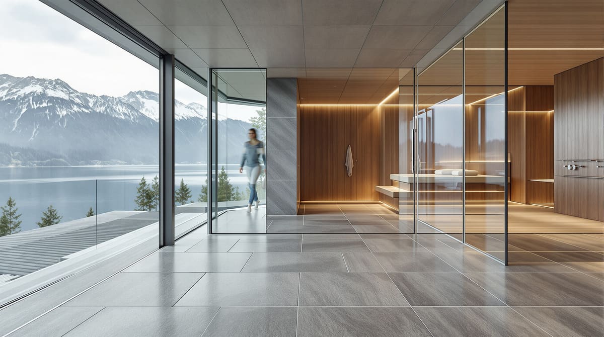 Ruheraum vor der Sauna mit Schieferboden und Natursteinwand, gedämpftes Licht