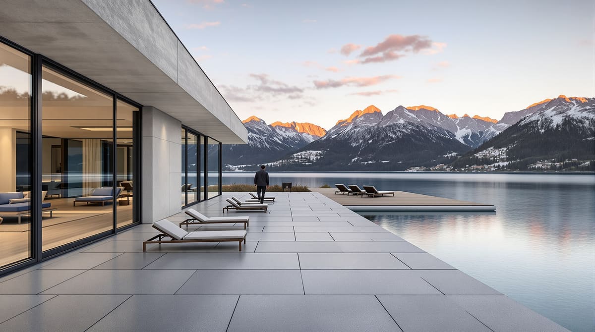 Seeterrasse mit sandgestrahltem Kalkstein, flächenbündiger Übergang zum Wohnraum, Blick über den Tegernsee
