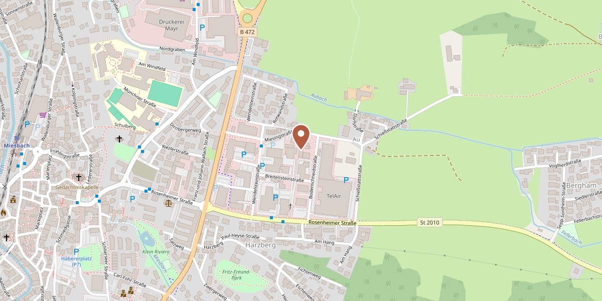 Kartenausschnitt Miesbach mit Markierung des Ausstellungshauses in der Bodenschneidstraße 7