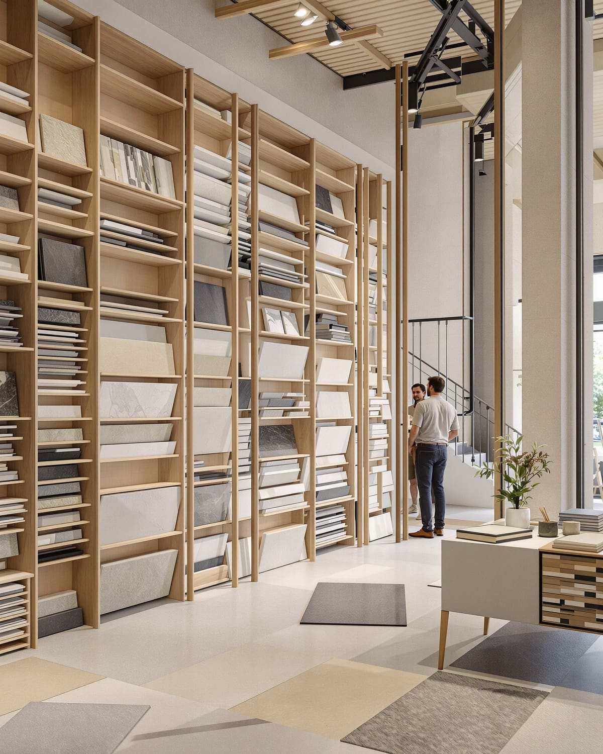 Showroom-Ansicht mit kuratierten Mustertafeln in Eichenregalen und Treppe zur nächsten Etage